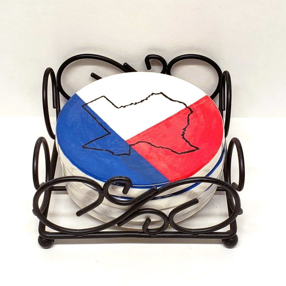 Texas State Coaster Set Porcelain Metal Holder Flag Red White Blue Lot of 4